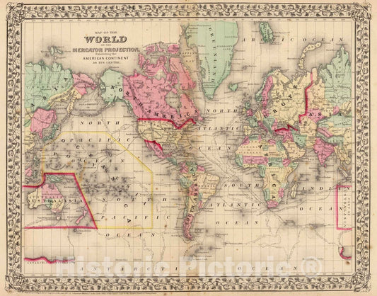 Historic Map : 1870 World Mercator proj. - Vintage Wall Art