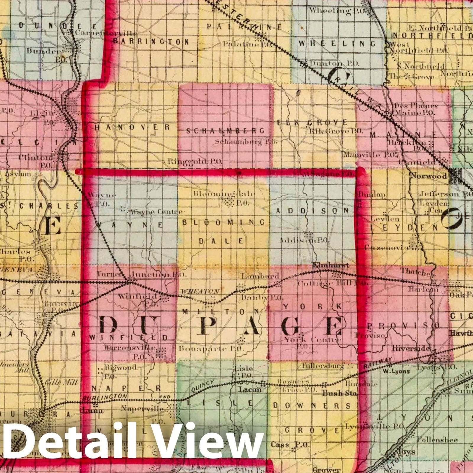 McHenry, Lake, Kane, Du Page, Cook, Will, and Kendall Counties, Illinois - Railroad Map, 1870