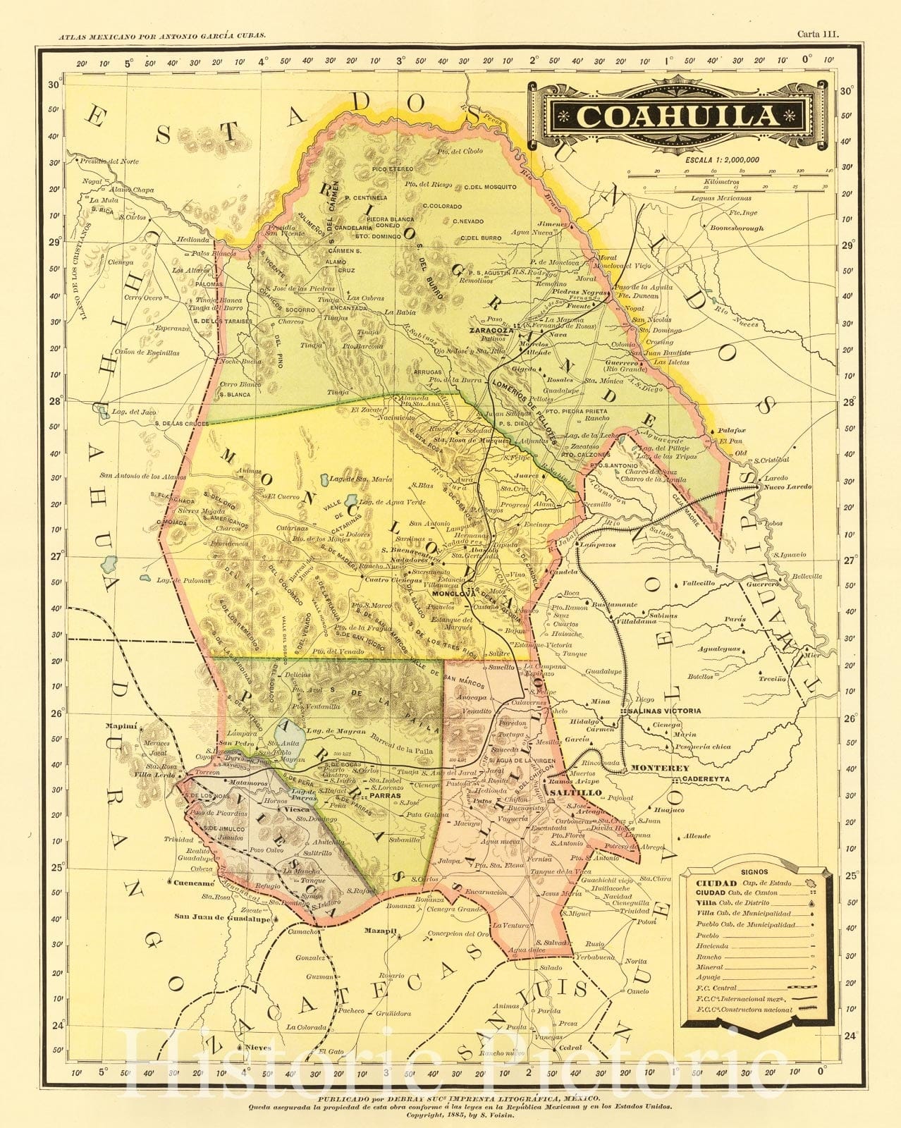 Historic Map : Mexico, 1886 Coahuila, Atlas , Vintage Wall Art