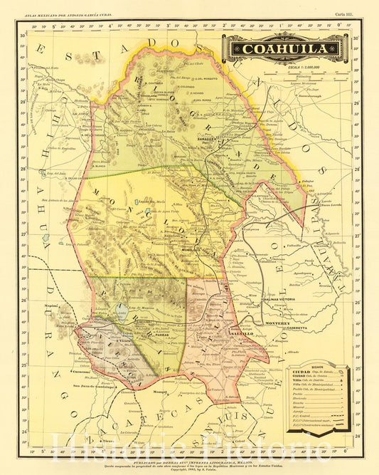 Historic Map : Mexico, 1886 Coahuila, Atlas , Vintage Wall Art