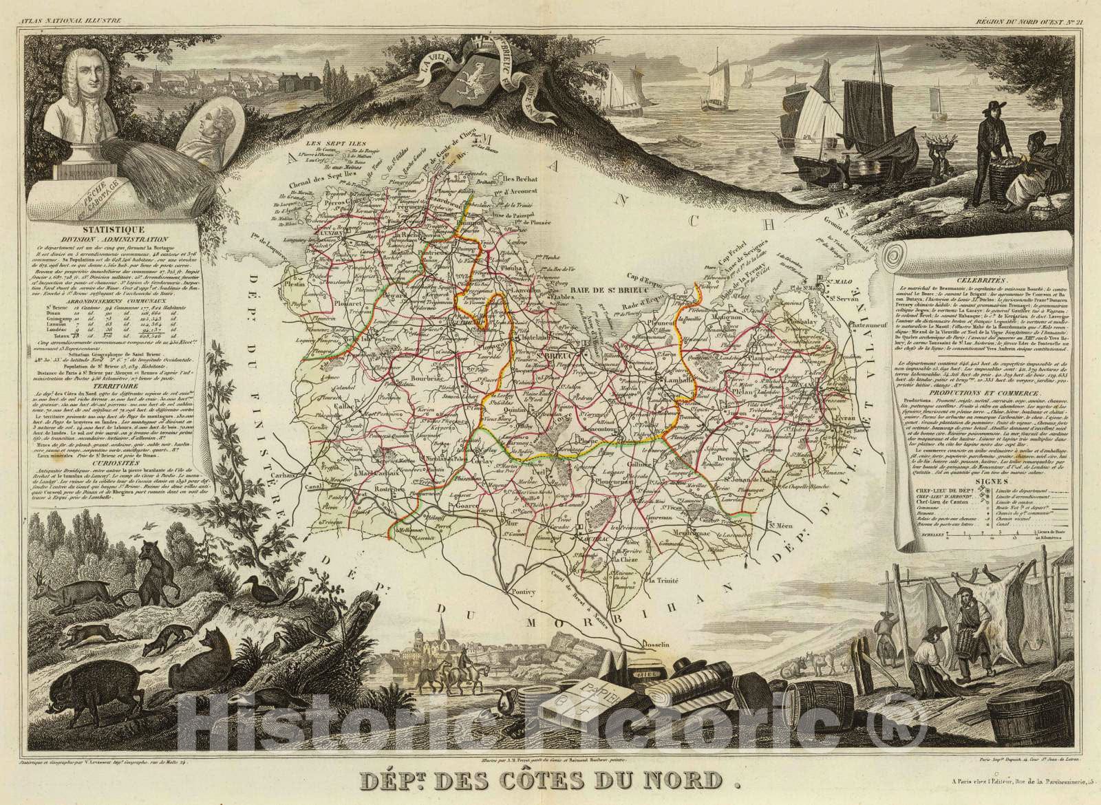 Historic Map : France, 1856 Dept. De Cotes du Nord. , Vintage Wall Art