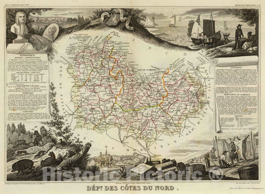 Historic Map : France, 1856 Dept. De Cotes du Nord. , Vintage Wall Art