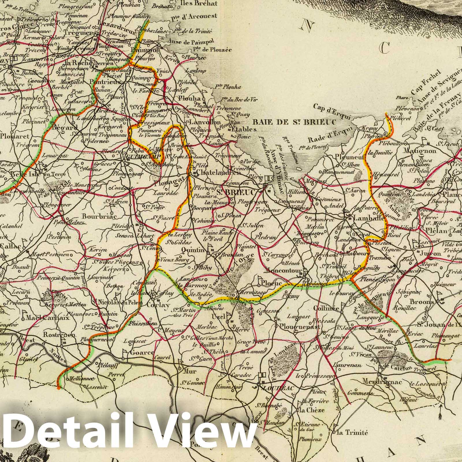 Cotes-du-Nord, France - Road Map, 1856 - Historical Map Print