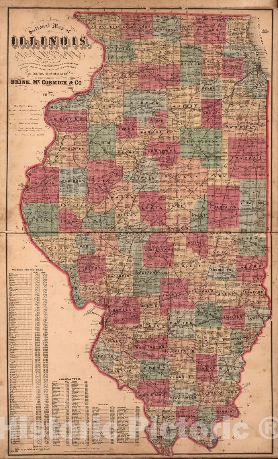 Historic Map : Sectional Map of Illinois Compiled by Brink, McCormick & Co. 1874. - Vintage Wall Art