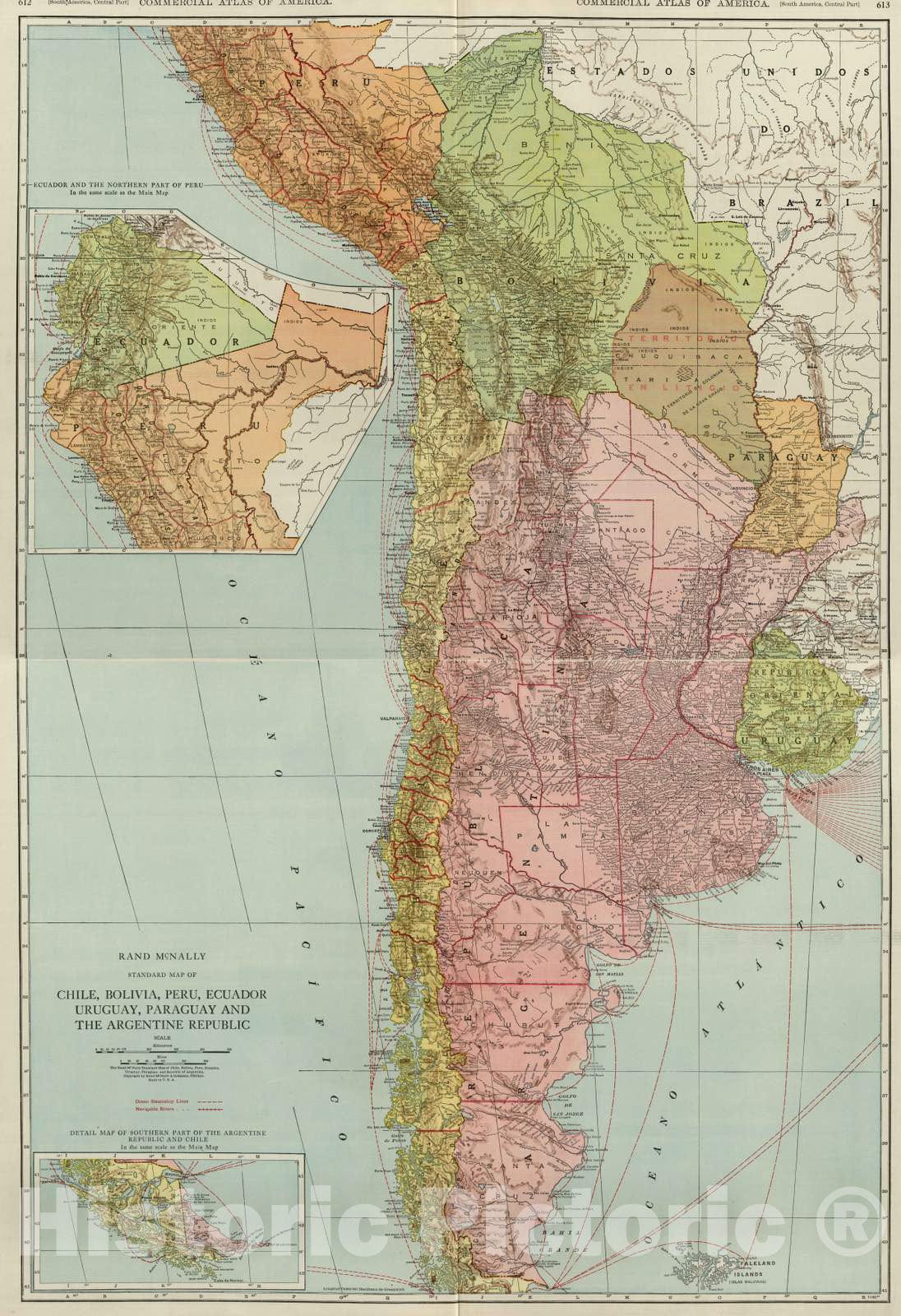 Chile, Bolivia, Peru, Ecuador, Uruguay, Paraguay, Argentina - Railroad Map, 1924