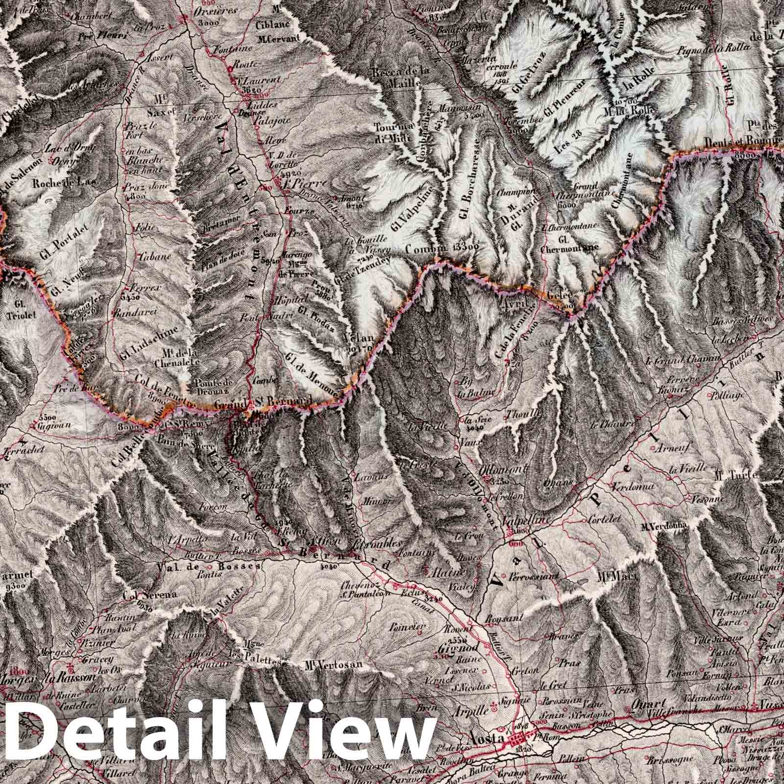 Aosta, Italy - Road Map, 1835 - Historical Lithographic Map Print