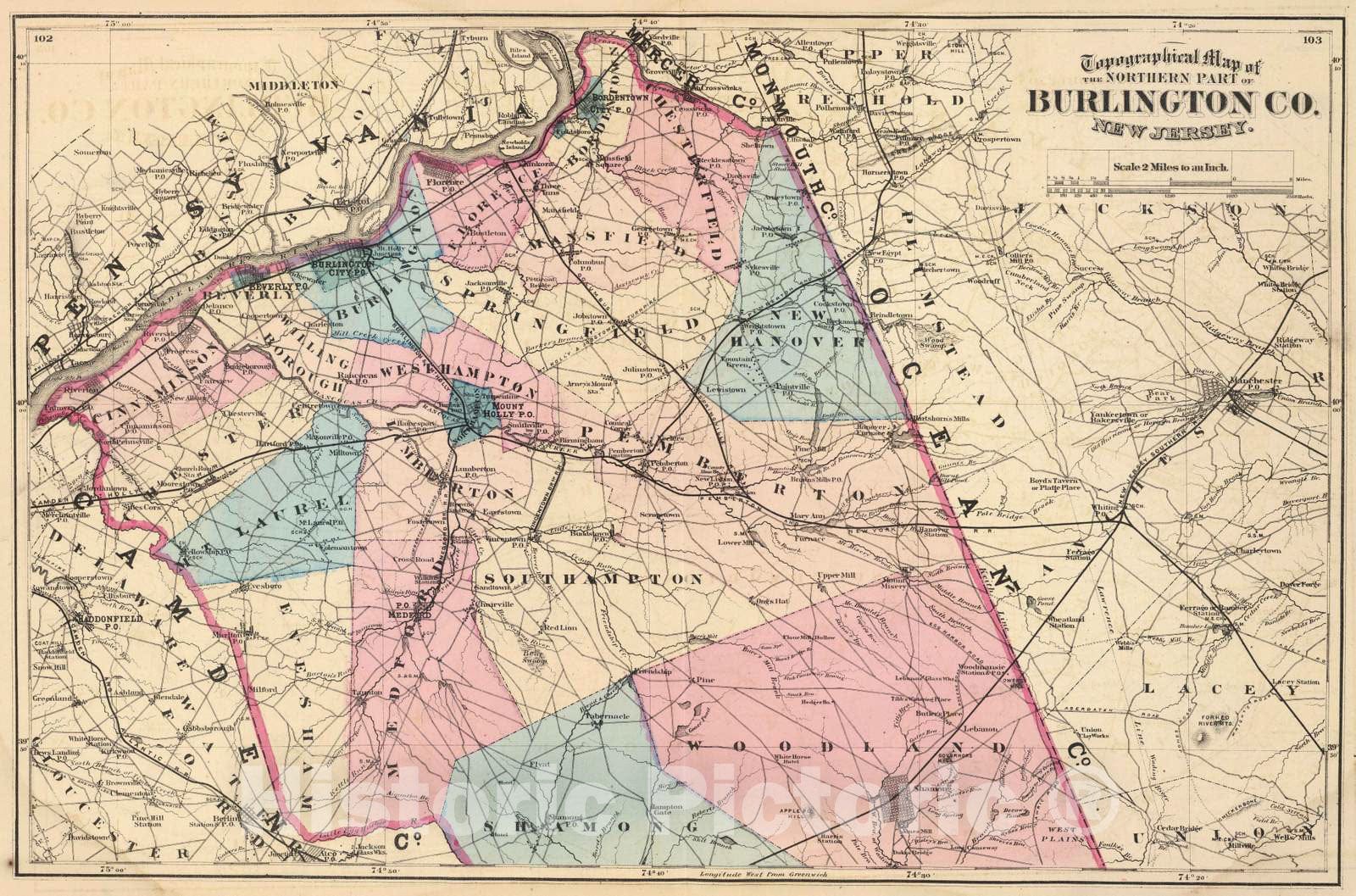 Historic Map : 1872 N. Burlington Co, N.J. - Vintage Wall Art