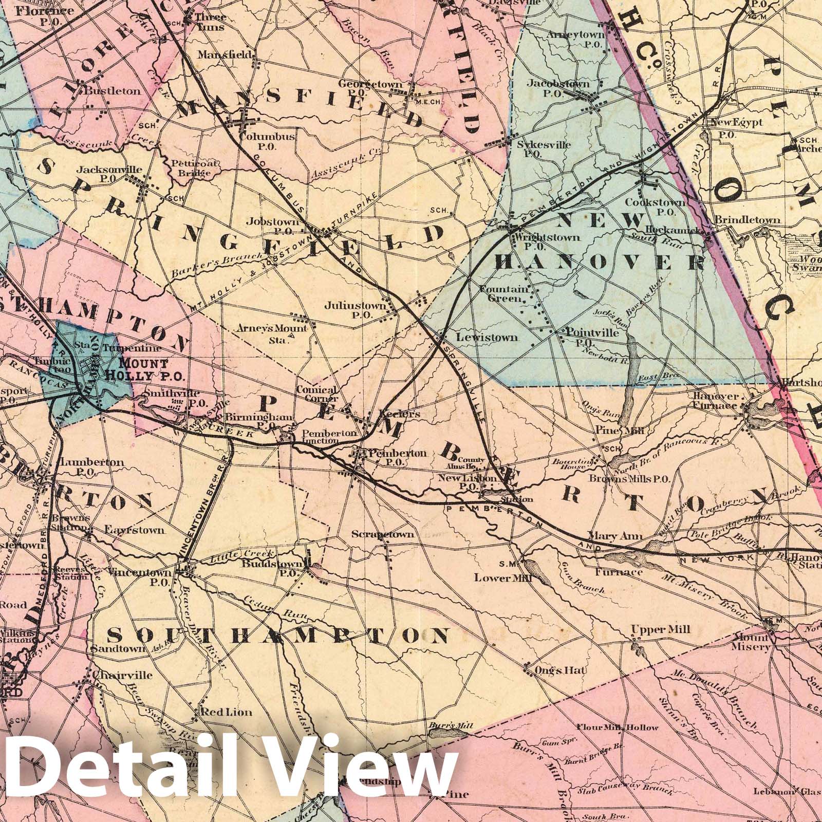 Northern Burlington County, New Jersey - Railroad Map, 1872 - Historical Map Print
