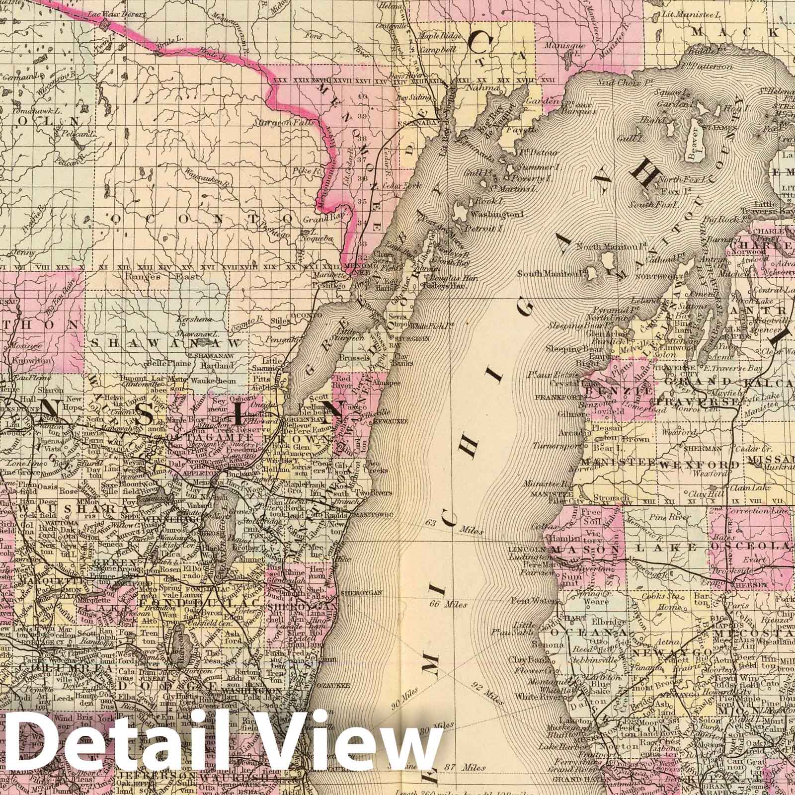 Michigan and Wisconsin - Railroad Map, 1880 - Historical Map Print