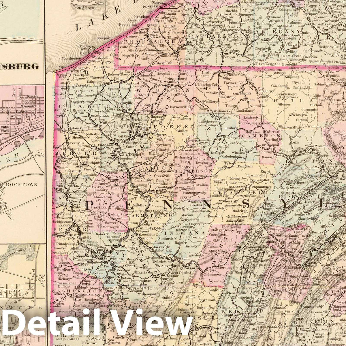 Pennsylvania with Harrisburg, Williamsport, Erie, Scranton - River Map, 1880