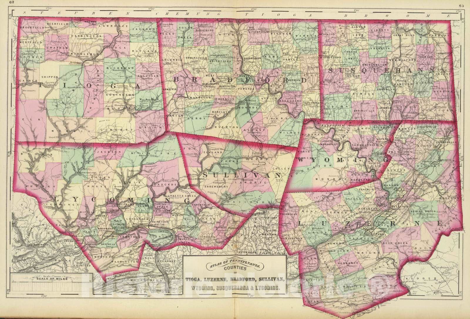 Historic Map : 1872 Tioga, Luzerne, Bradford, Sullivan, Wyoming, Susquehanna, Lycoming Counties. - Vintage Wall Art