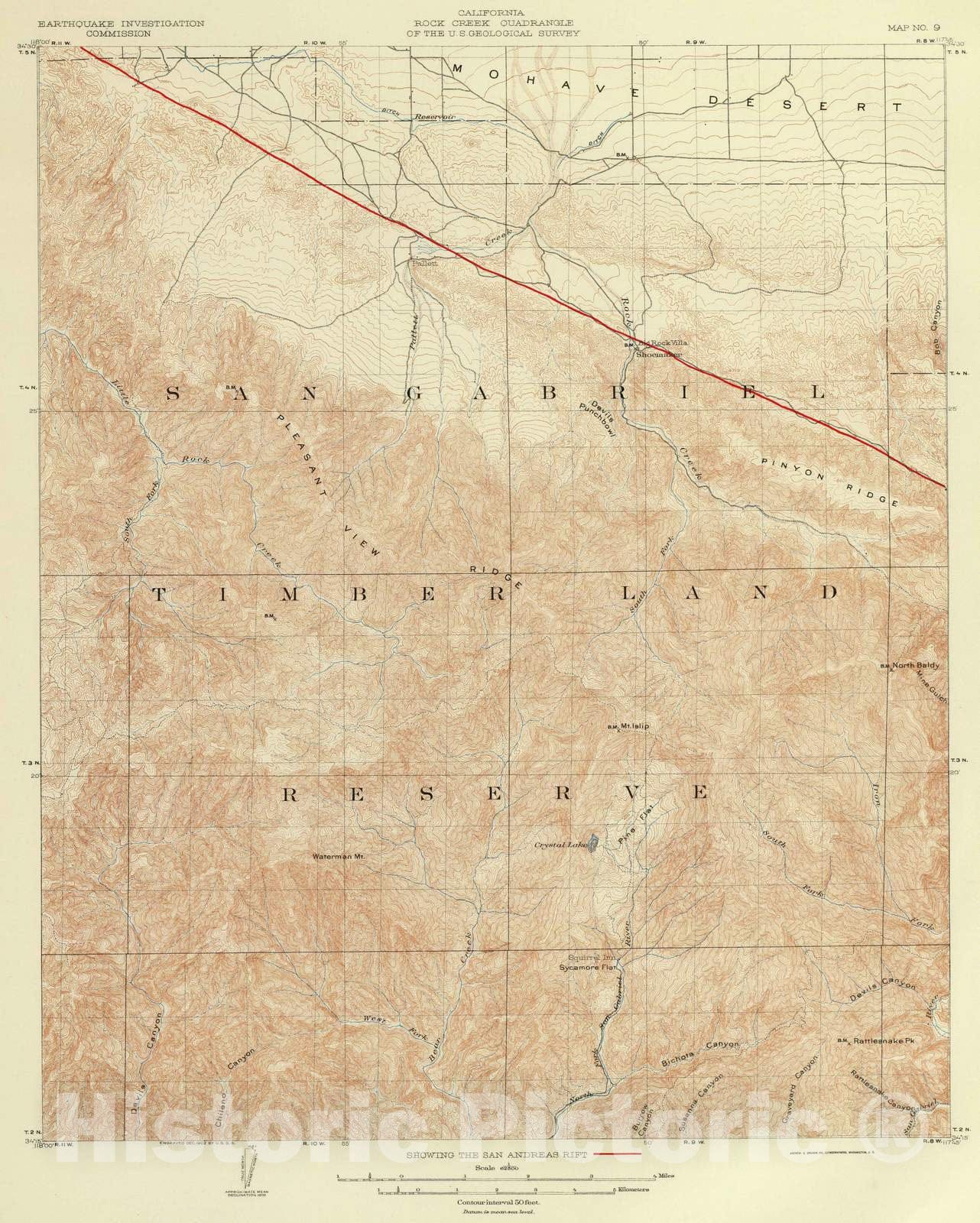 Historic Map : 1908 Rock Creek Quadrangle Showing San Andreas Rift. - Vintage Wall Art