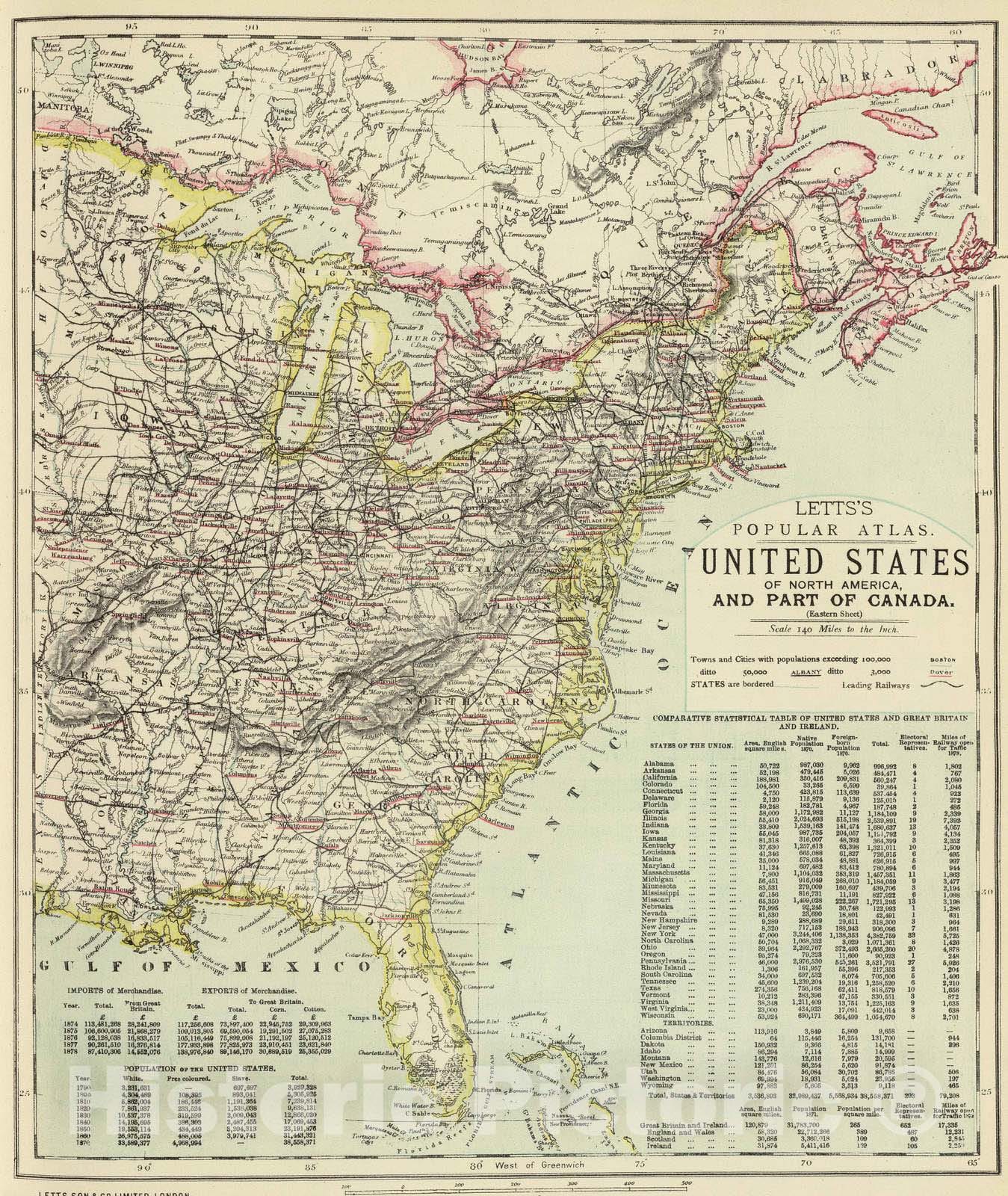 United States, Eastern - Railroad Map, 1883 - Historical Map Print