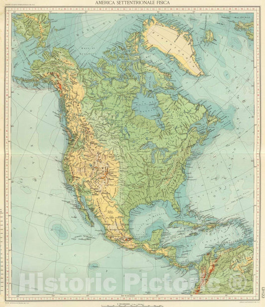 Historic Map : 1929 121-22. America Settentrionale fisica. - Vintage Wall Art