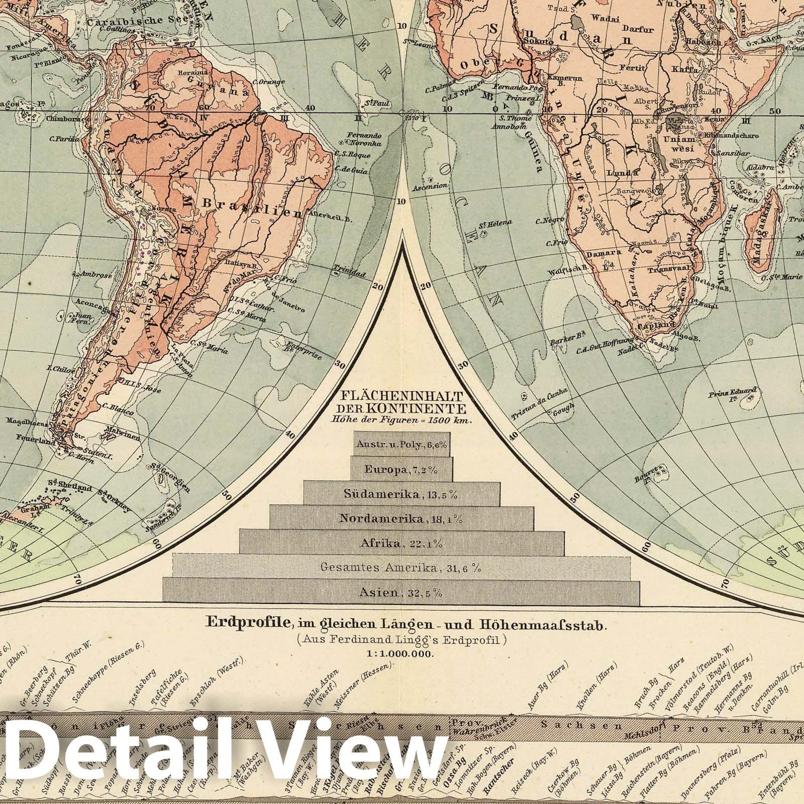 World - Heights and Depths, 1892 - Geological Map Print