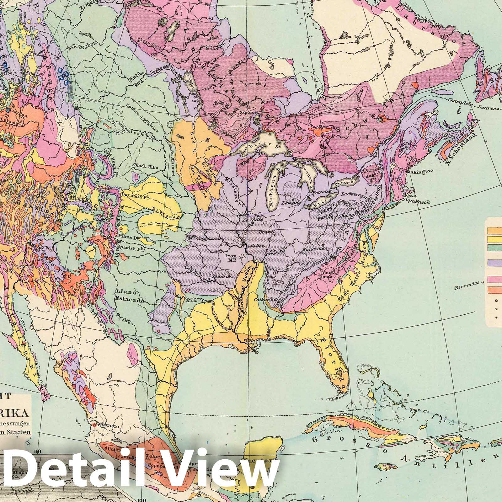 North America Geologic Map with Yellowstone, Yosemite, Colorado Canyons 1892