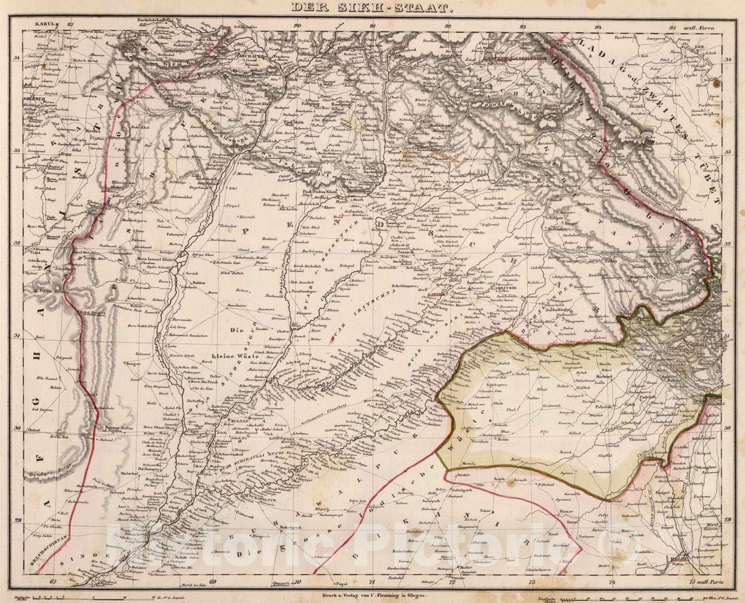 Historic Map : India; Pakistan, 1855 Der Sikh-Staat. , Vintage Wall Art