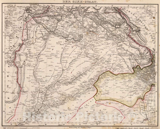 Historic Map : India; Pakistan, 1855 Der Sikh-Staat. , Vintage Wall Art