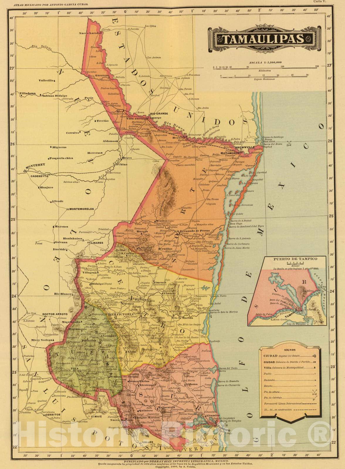 Historic Map : Mexico, 1886 Tamaulipas. , Vintage Wall Art