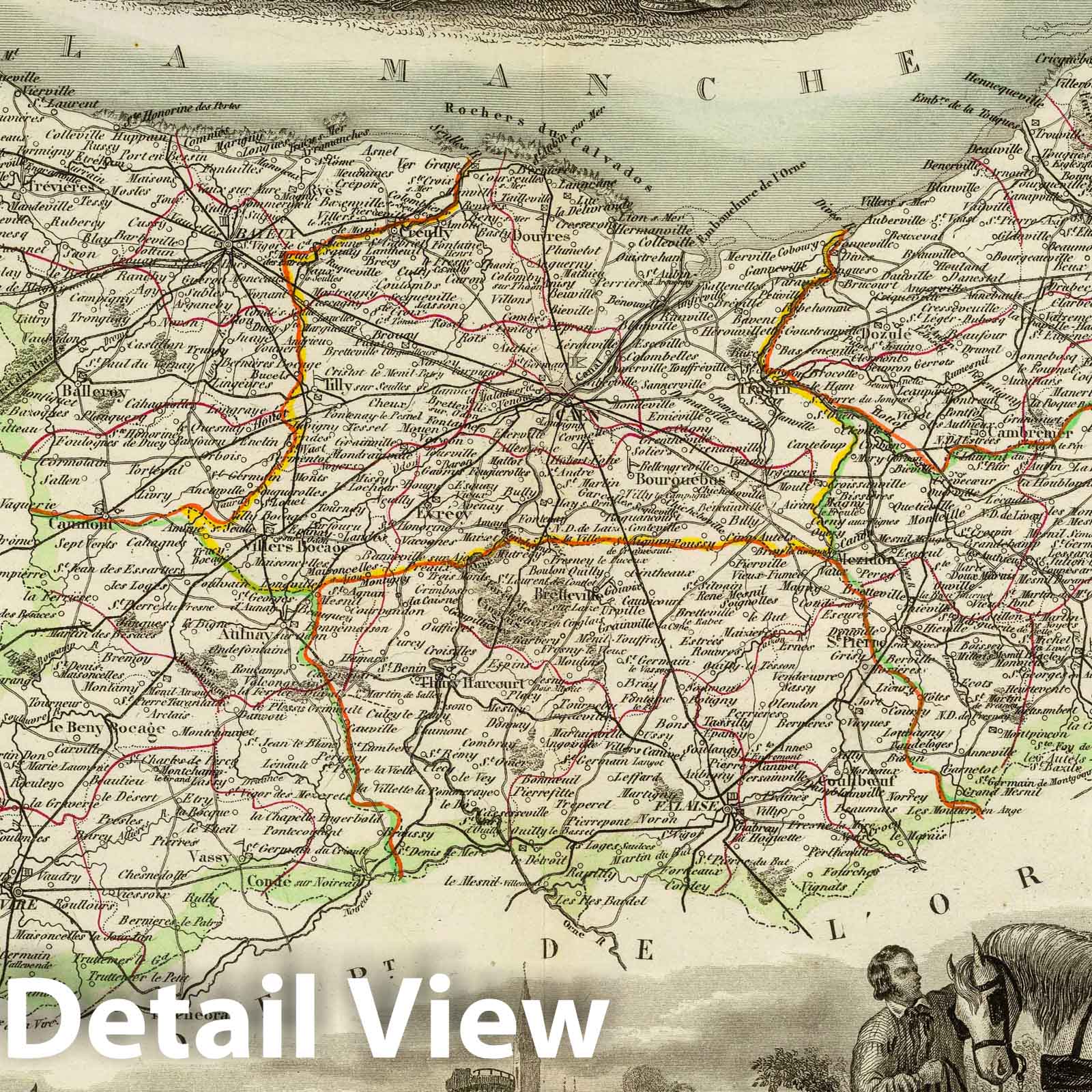 Calvados, France - Road Map, 1856 - Hand-Colored Historical Map Print