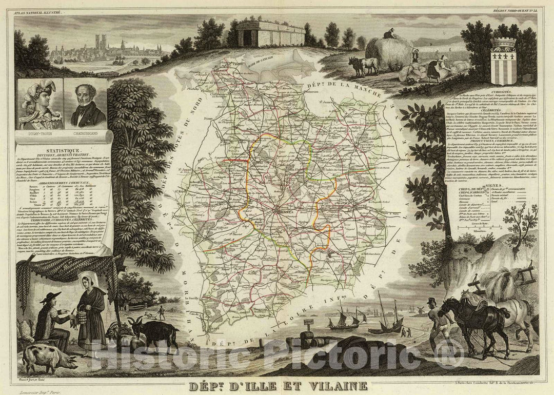 Historic Map : France, 1856 Dept. D'Ille et Vilaine. , Vintage Wall Art