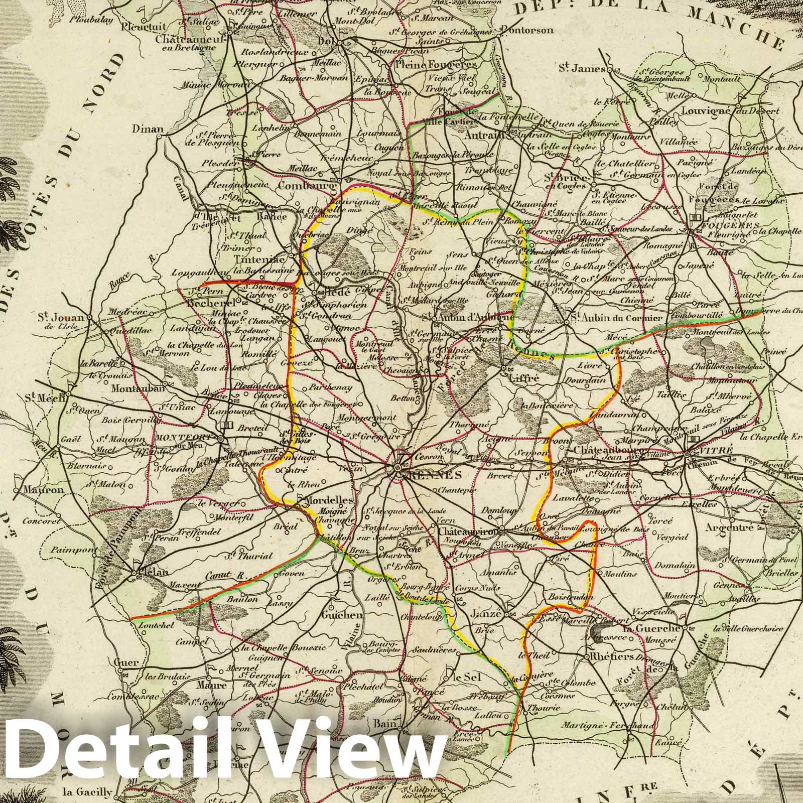 Ille-et-Vilaine, France - Road Map, 1856 - Historical Map Reproduction