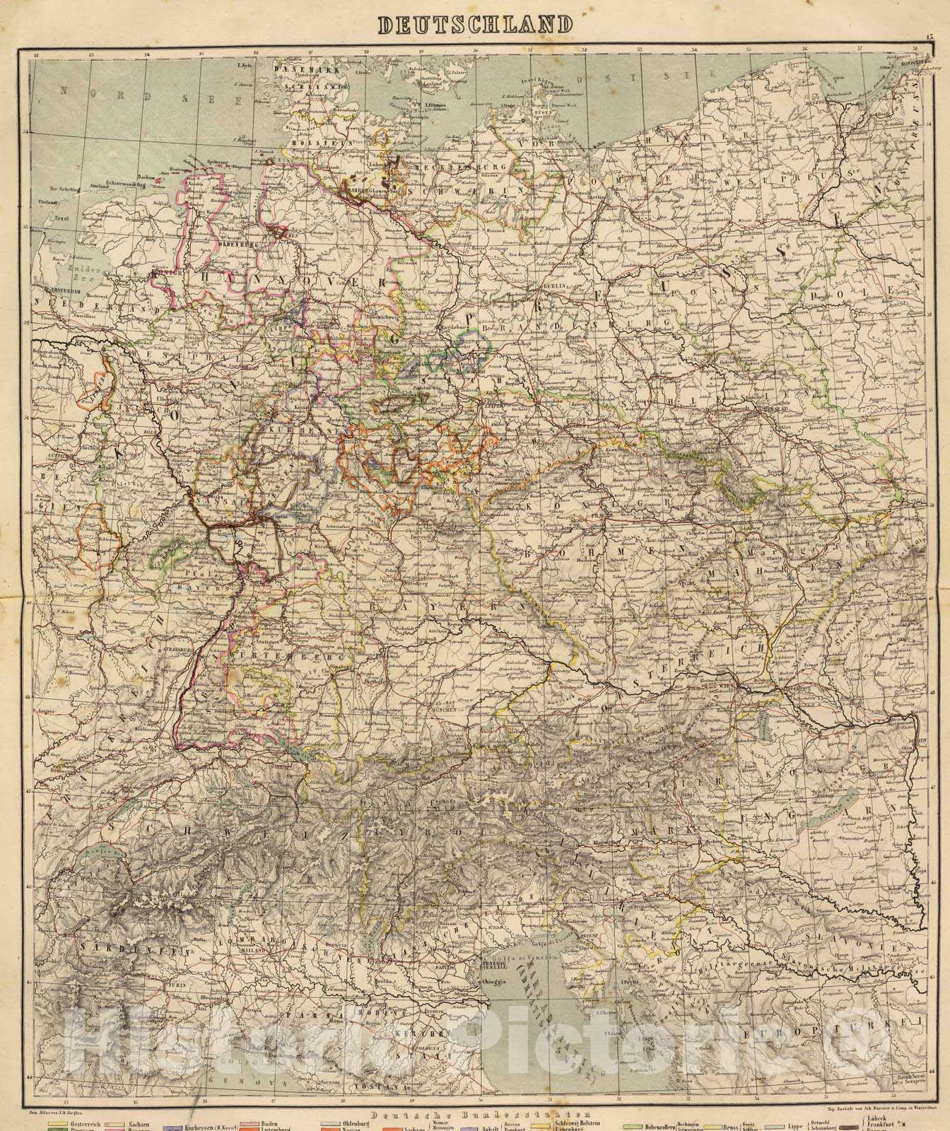 Germany, 1864 - Historical Map Print from Ziegler's Atlas