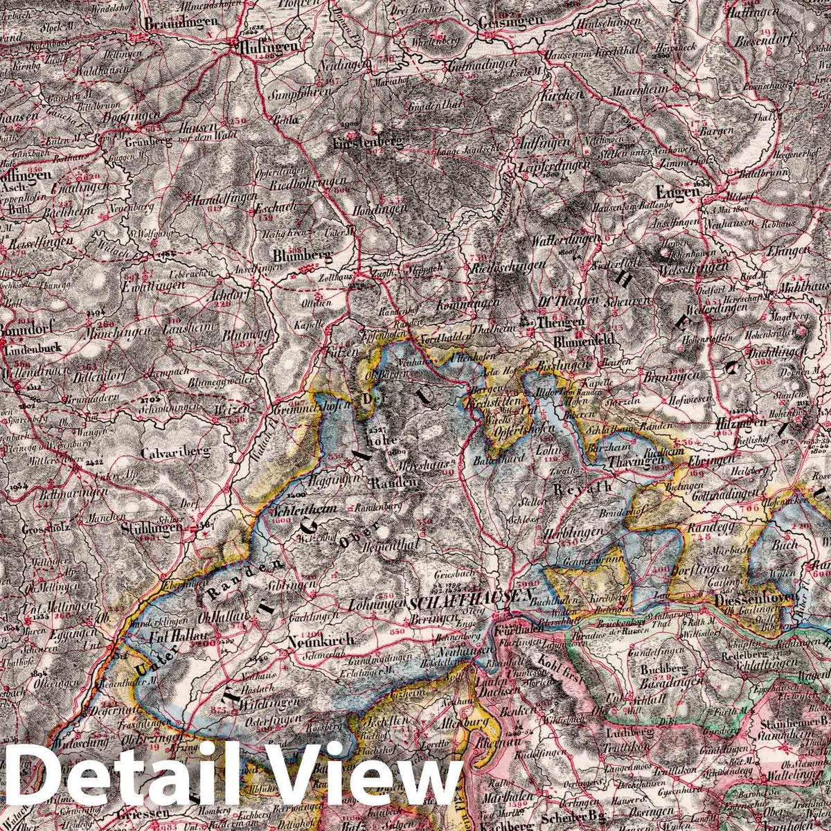 Schaffhausen, Switzerland - Road Map, 1835 - Historical Topographic Map Print