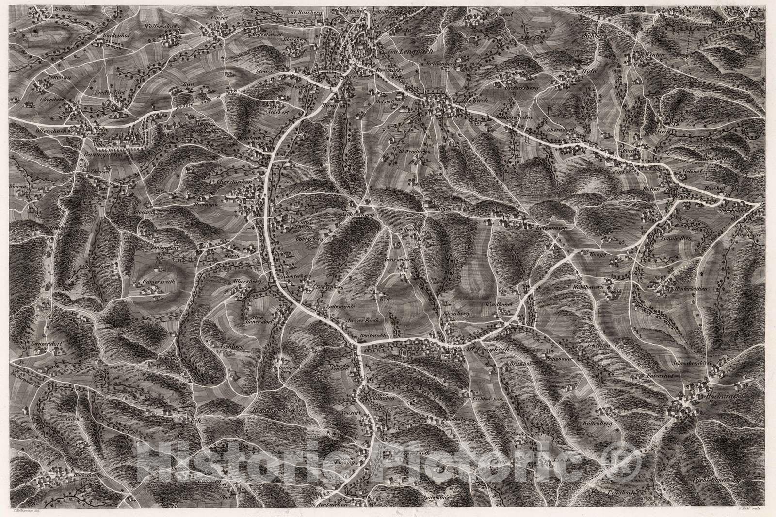 Historic Map : Austria, 1837 XXIV Section. Umgebung von Alt_und Neu Lengbach V.O.W.W. J. Hollnsteiner del. F. Mehl sculp. , Vintage Wall Art