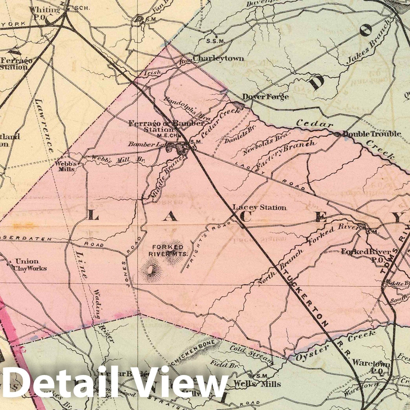 Ocean County, New Jersey - Railroad Map, 1872 - Historical Map Print