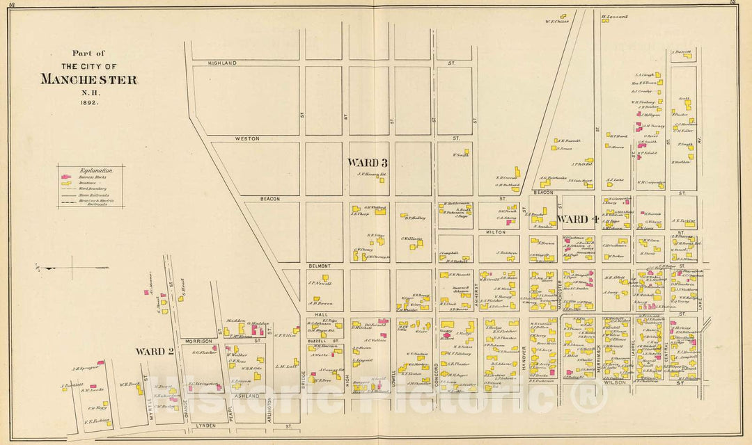 Historic Map : 1892 Manchester, N.H, Ward 2-4. - Vintage Wall Art