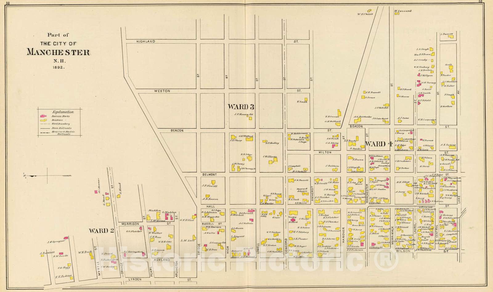 Historic Map : 1892 Manchester, N.H, Ward 2-4. - Vintage Wall Art