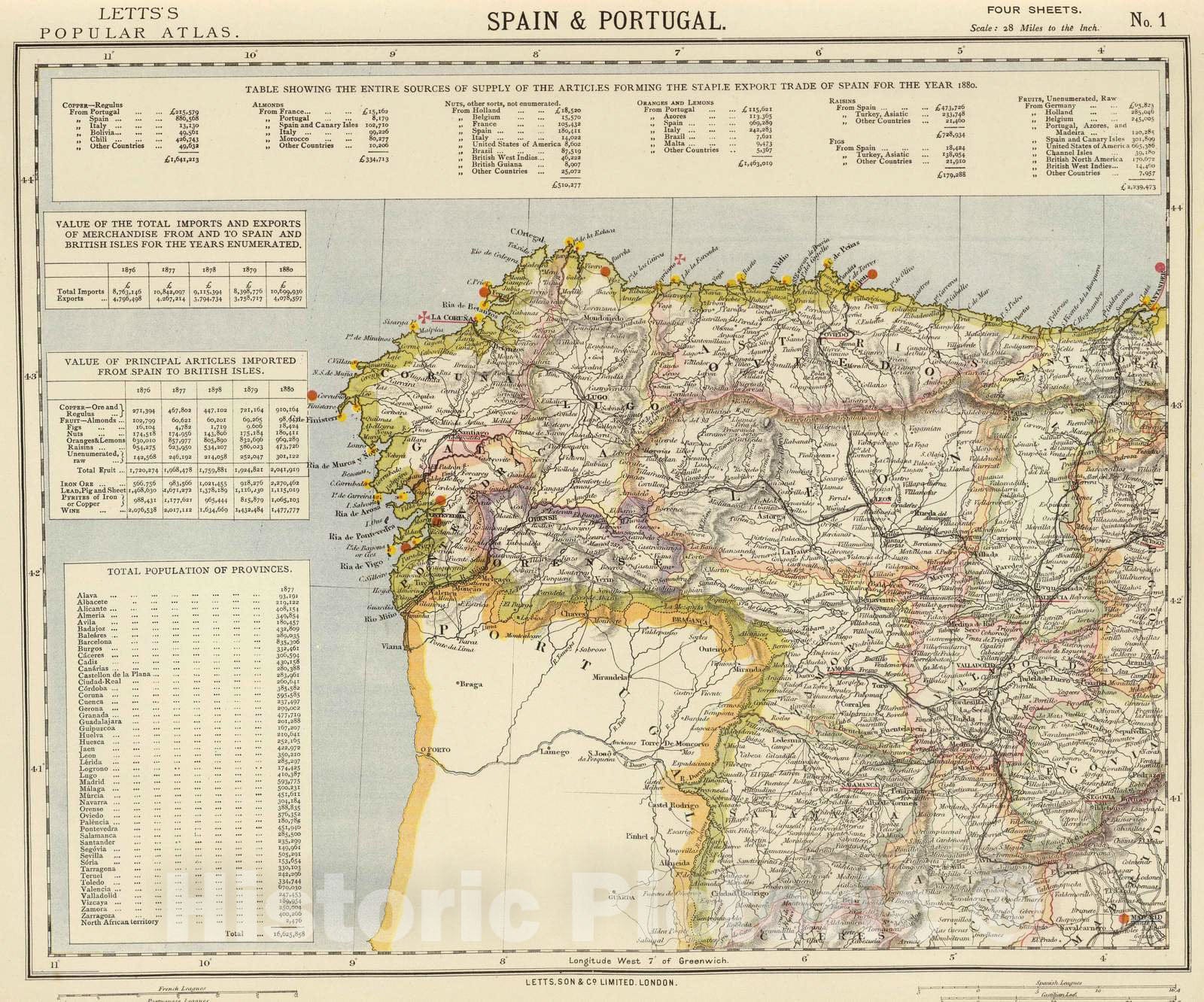Historic Map : 1883 Spain, Portugal 1. - Vintage Wall Art