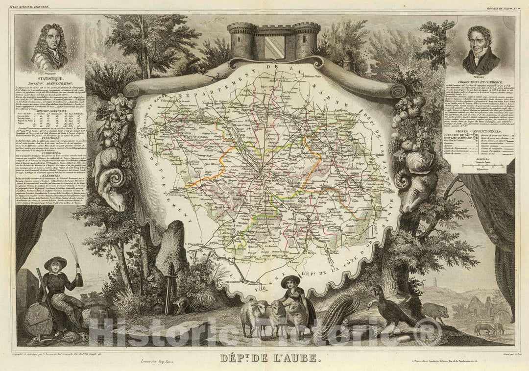 Historic Map : France, 1856 Dept. De L'Aube. , Vintage Wall Art