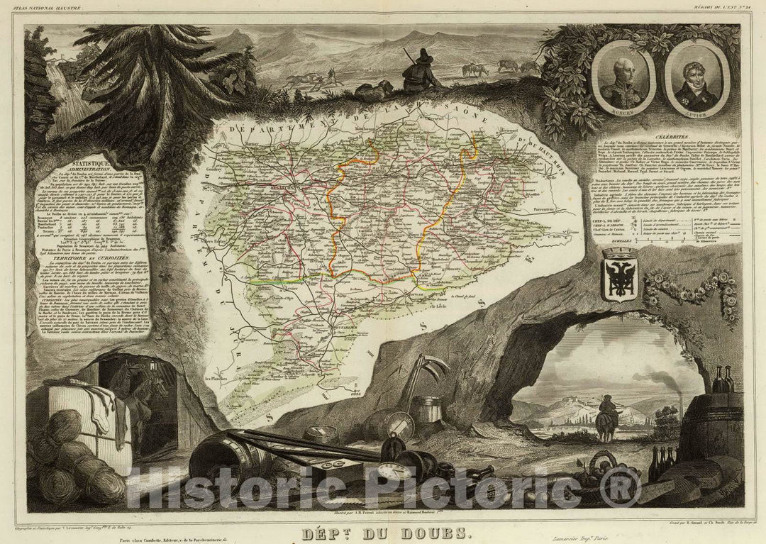 Historic Map : France, 1856 Dept. Du Doubs. , Vintage Wall Art