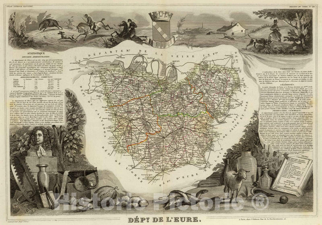 Historic Map : France, 1856 Dept. De L'Eure. , Vintage Wall Art