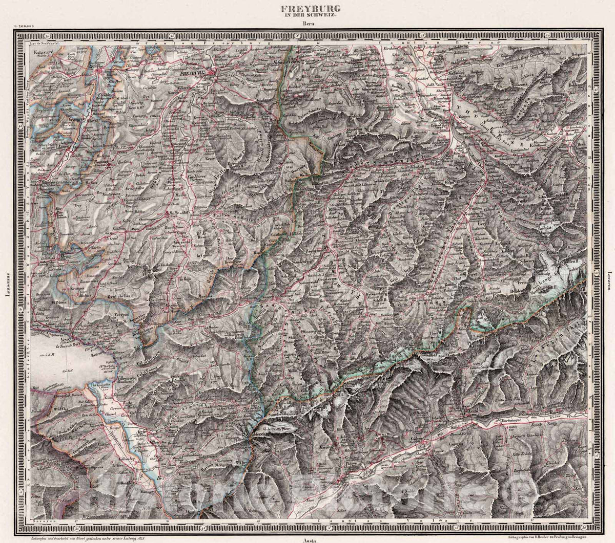Historic Map : Switzerland , Freyburg in der Schweiz, 1835 Freyburg in der Schweiz , Vintage Wall Art