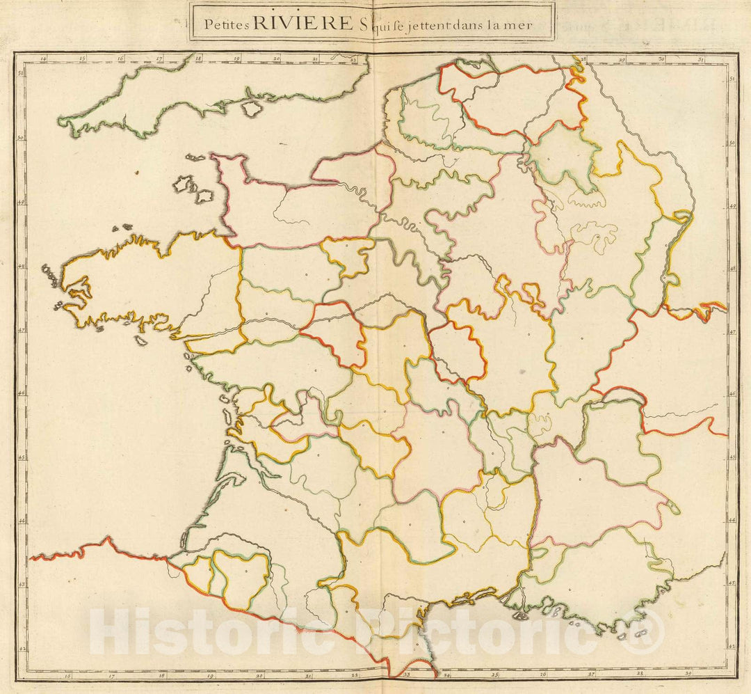 Historic Map : France, 1693 Petites rivieres (France - Outline) , Vintage Wall Art