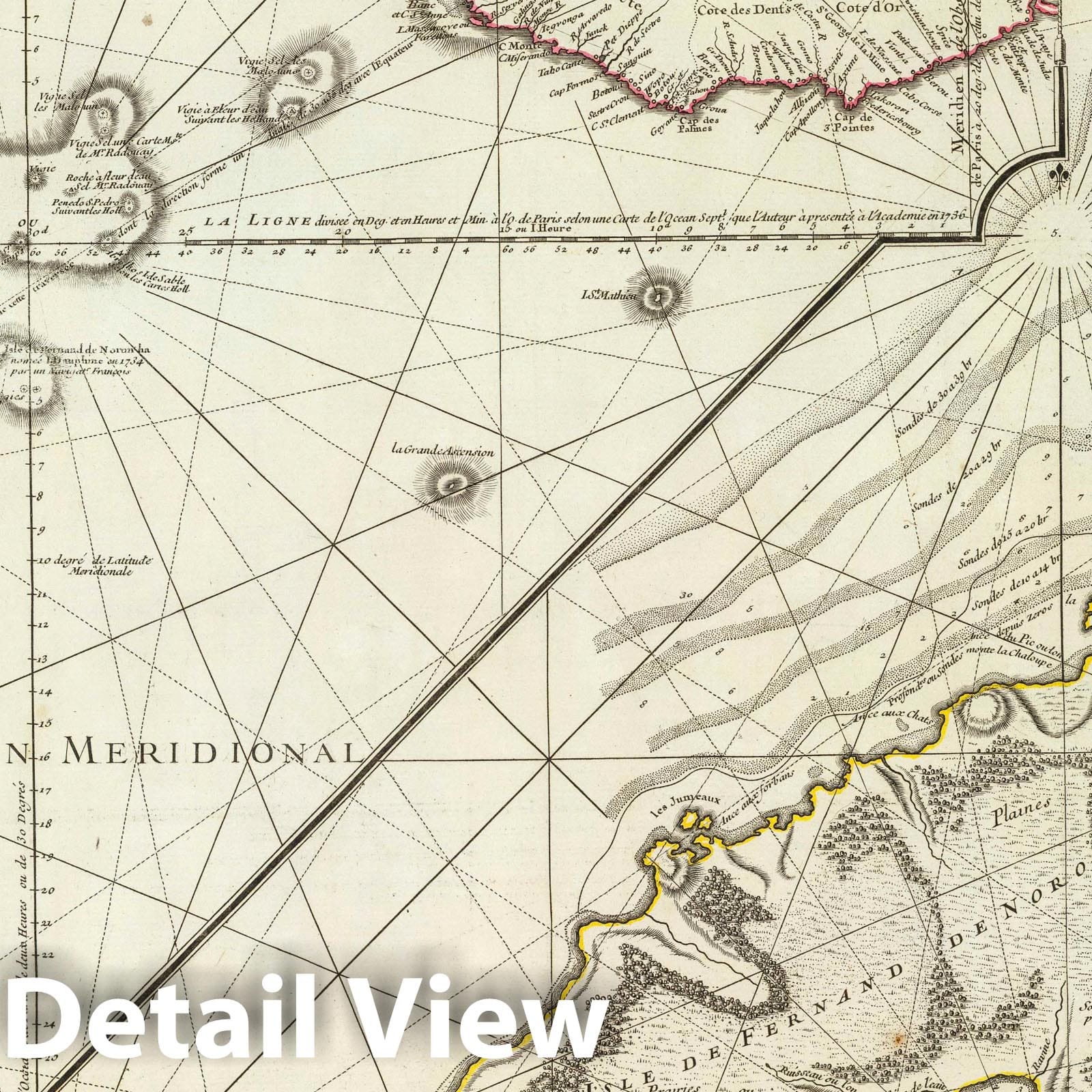 Atlantic Ocean and Fernando de Noronha - Physical Map, 1737 - Historical Map Print