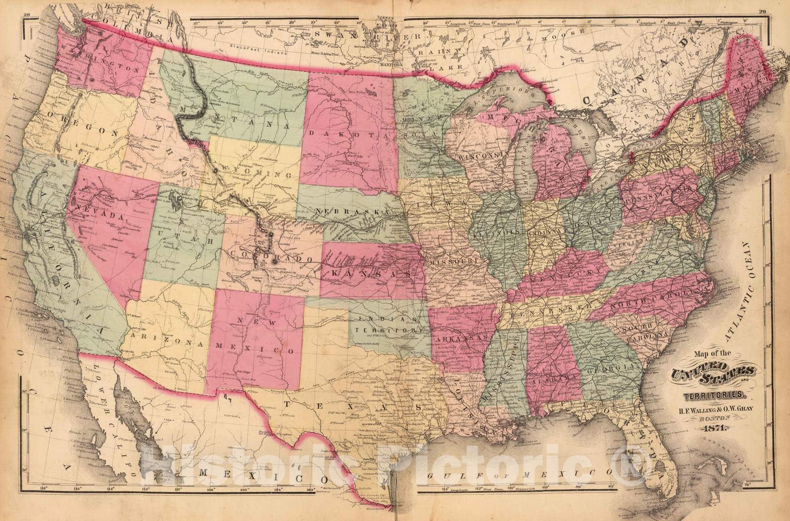 Historic Map : 1871 United States & Territories. - Vintage Wall Art