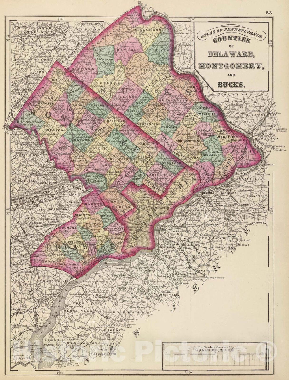 Historic Map - 1872 Delaware, Montgomery, Bucks Counties. - Vintage Wall Art