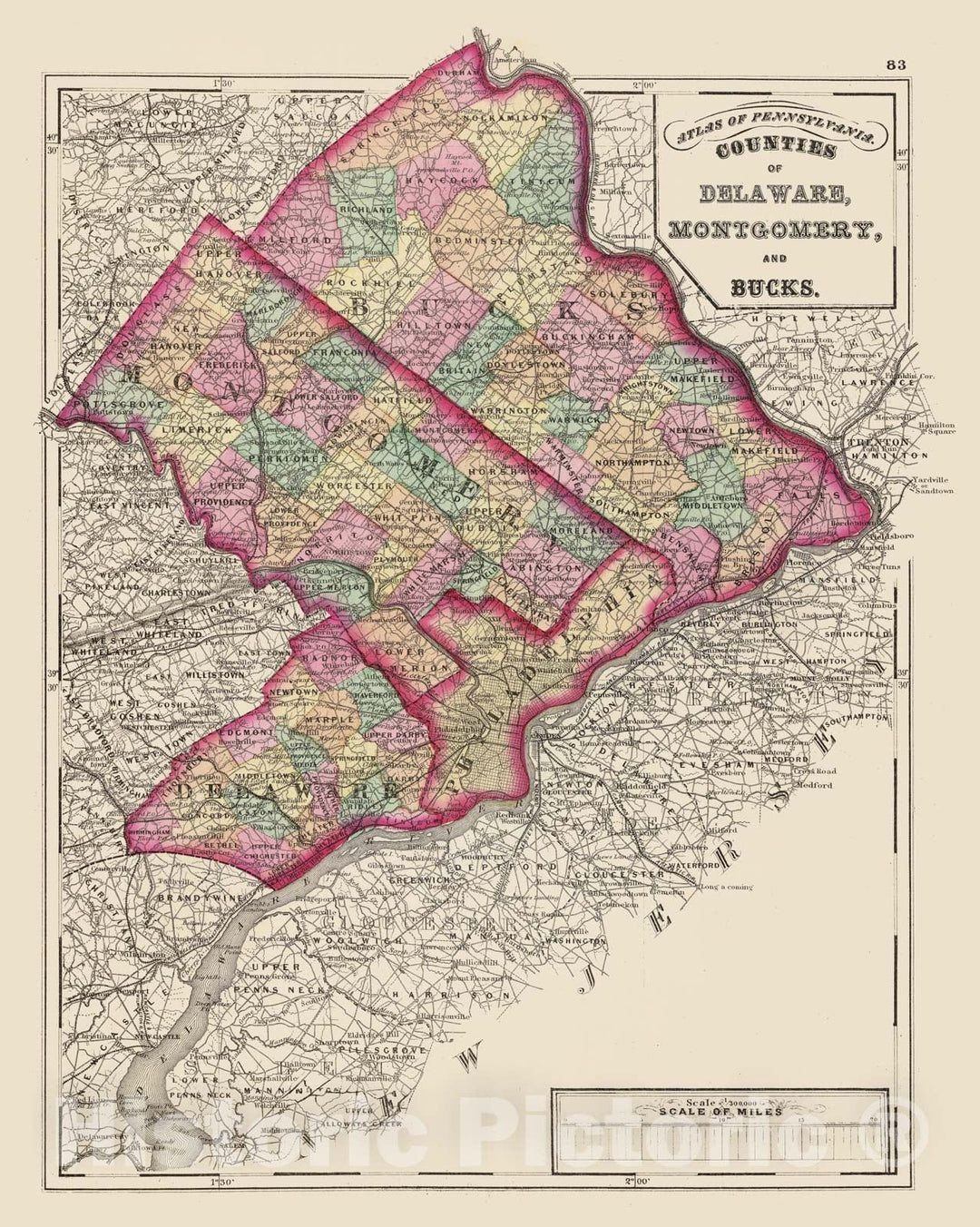 Historic Map - 1872 Delaware, Montgomery, Bucks Counties. - Vintage Wall Art
