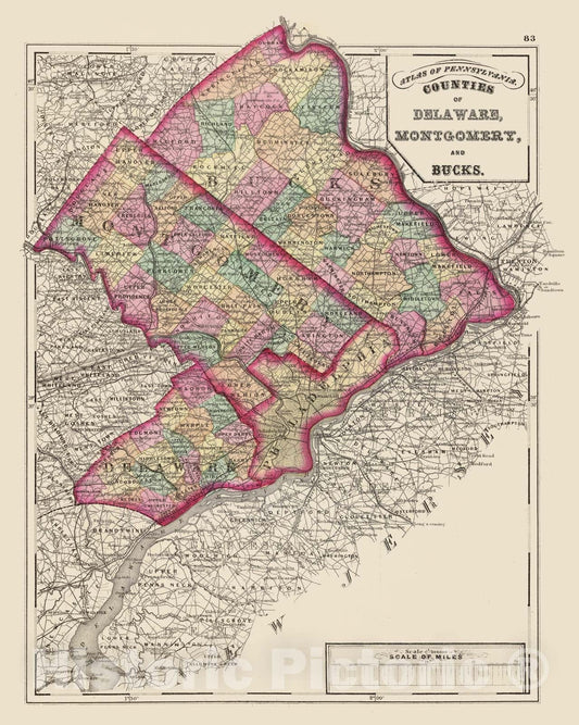Historic Map - 1872 Delaware, Montgomery, Bucks Counties. - Vintage Wall Art