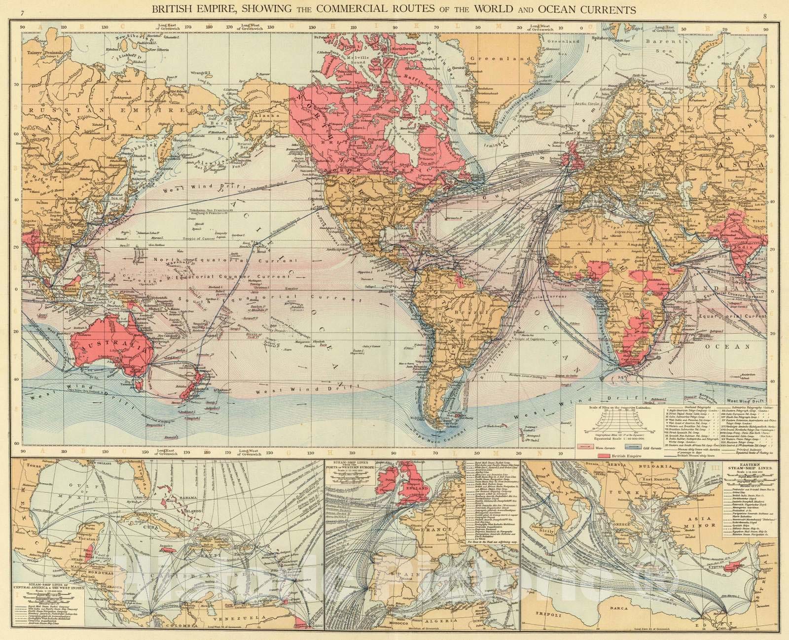 Historic Map : 1895 British Empire, Routes, Currents. - Vintage Wall Art
