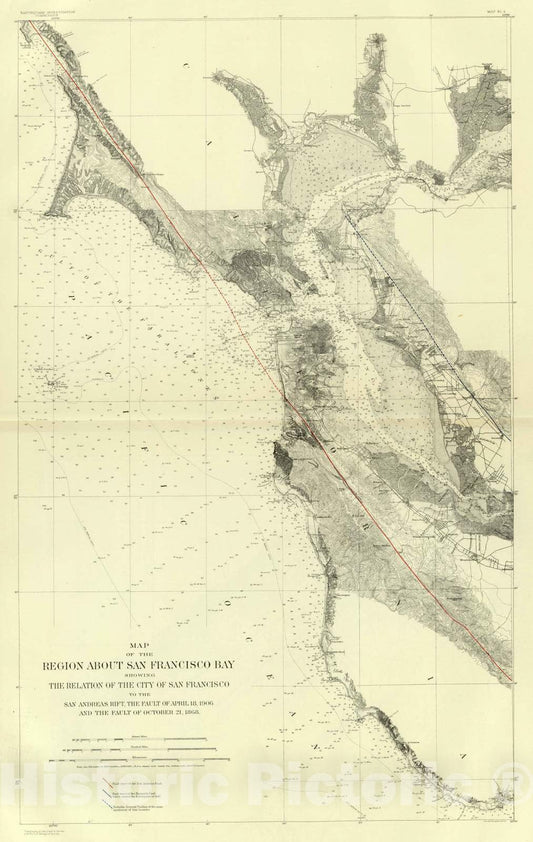 Historic Map : 1908 San Francisco Bay Showing San Andreas Rift. - Vintage Wall Art