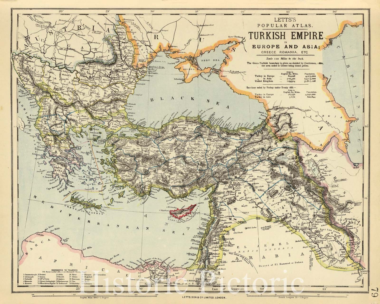 Historic Map : 1883 Turkish Empire, Greece, Romania. - Vintage Wall Art