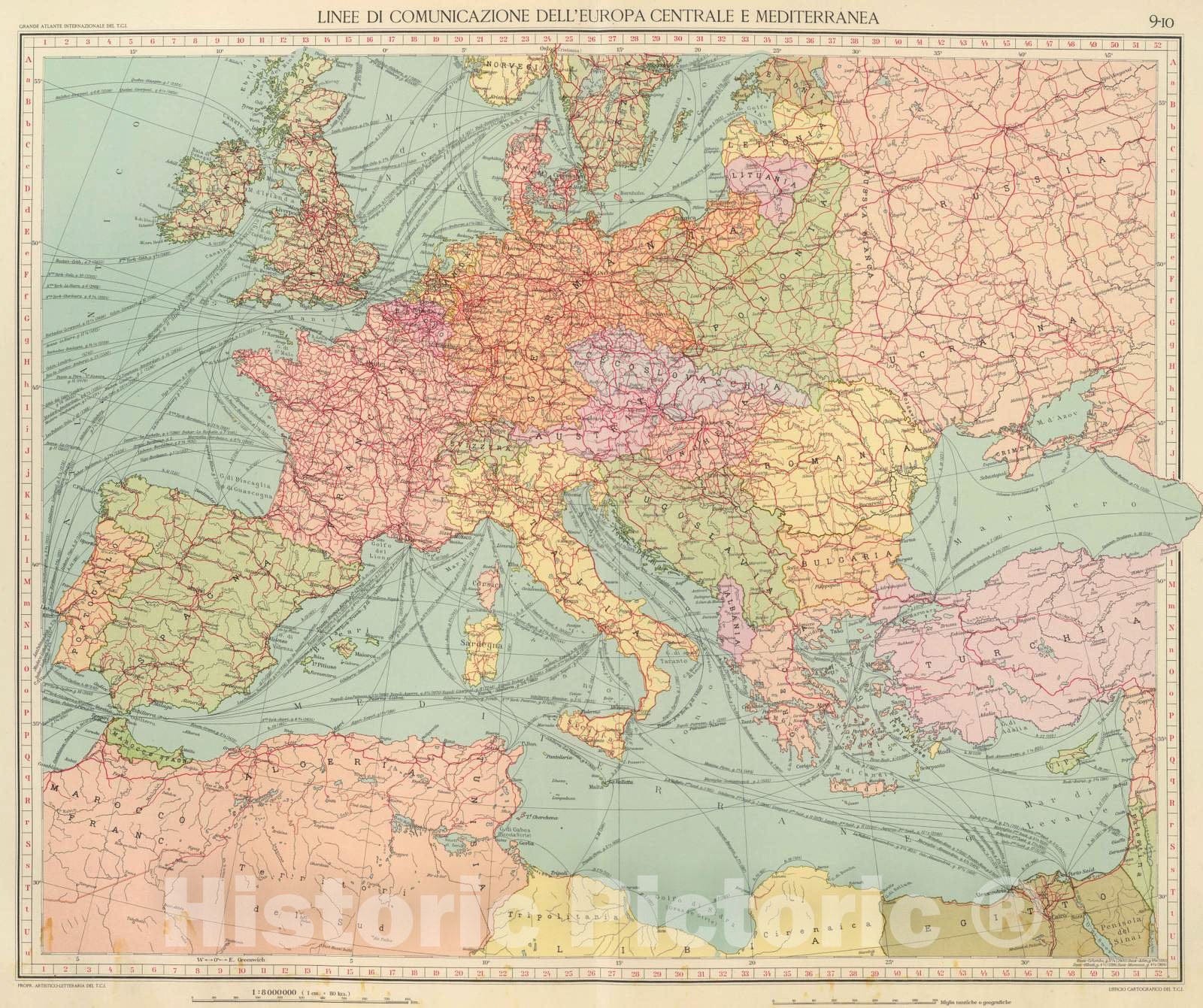 Historic Map : 1929 9-10. Linee di comunicazione, Europa Centrale, Mediterranea. - Vintage Wall Art