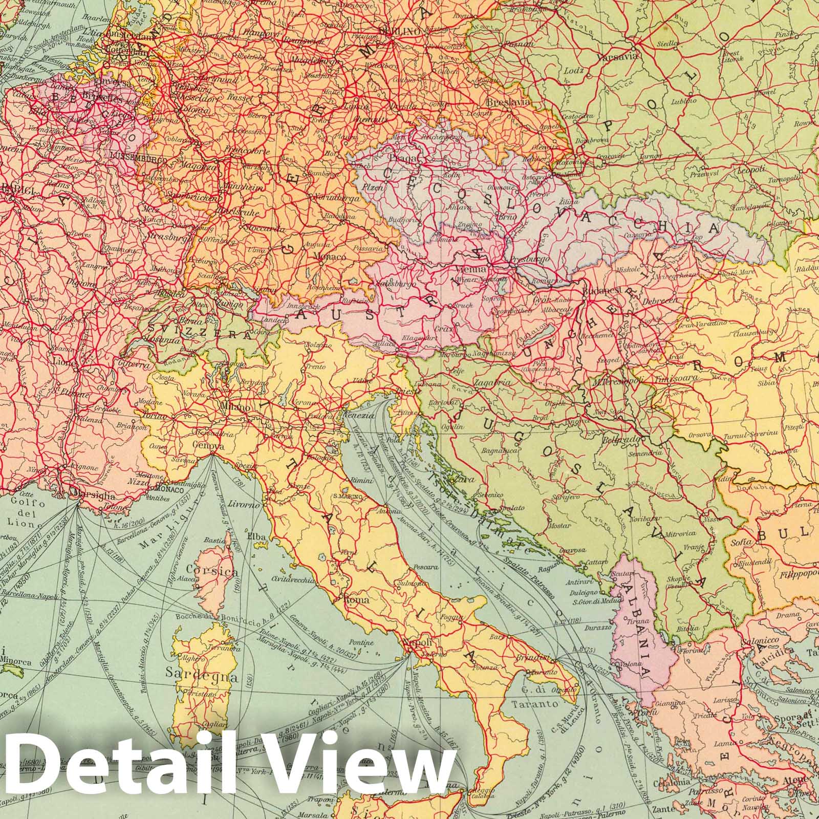 Central Europe and Mediterranean - Railroad Map, 1929