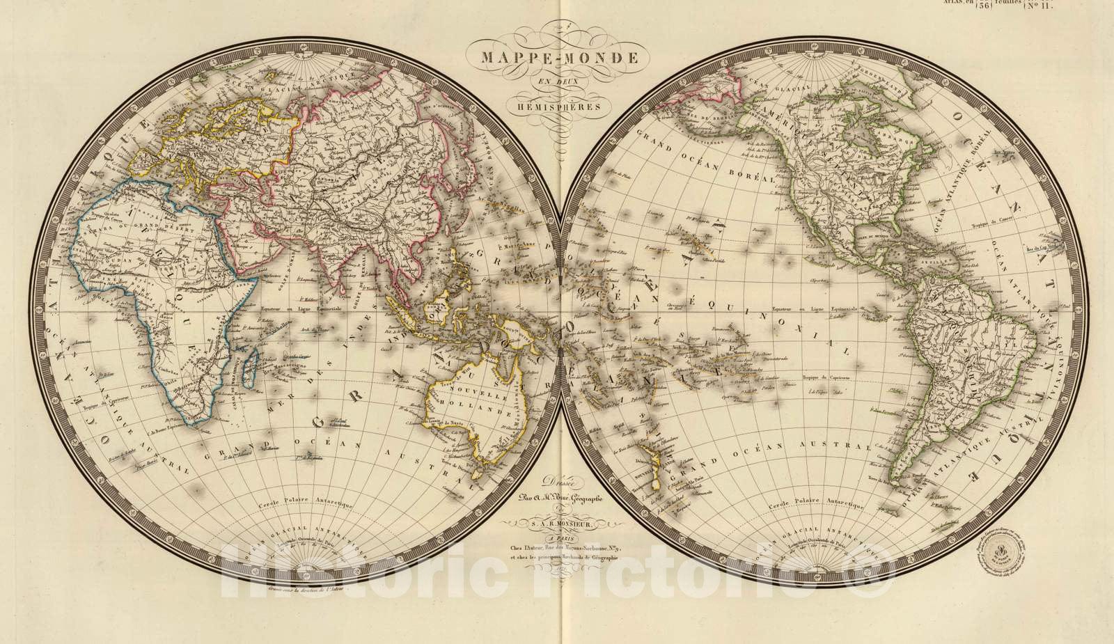 Historic Map : 1820 Mappe-Monde en Deux Hemispheres. - Vintage Wall Art