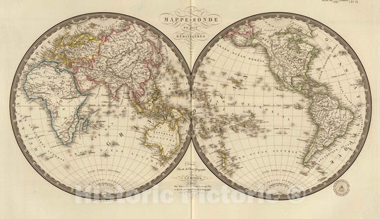 Historic Map : 1820 Mappe-Monde en Deux Hemispheres. - Vintage Wall Art